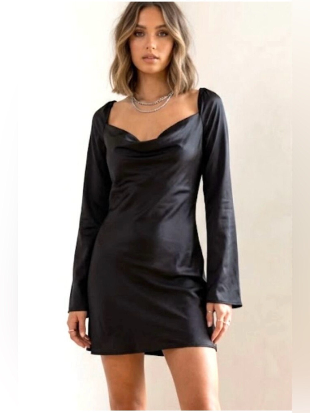 Princess Polly 4 Black Satin Long Sleeve Cowl Neck Whimsigoth Preppy Mini Dress